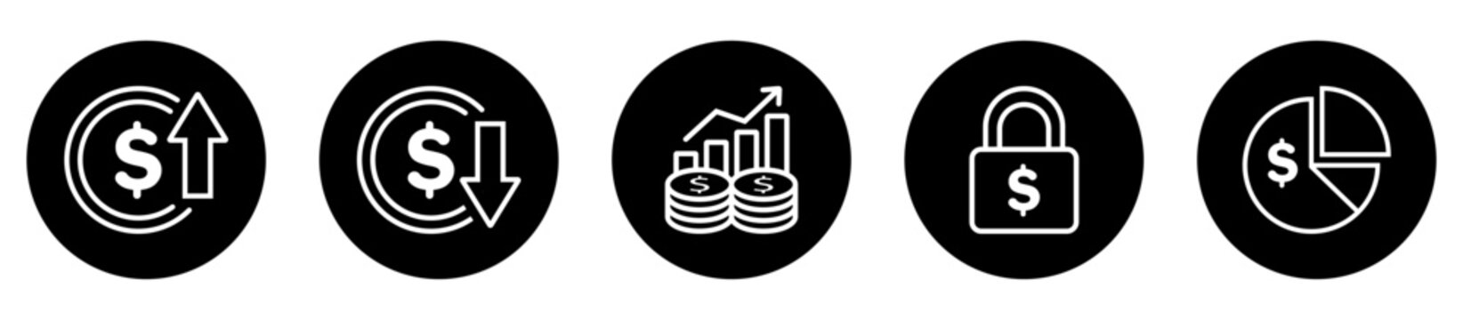 Finance money dollar growth decline profit security analytics chart coins lock pie business banking investment data economy symbols icons collection