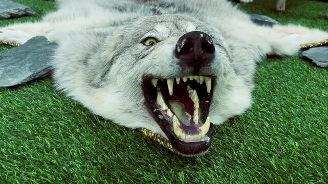 Taxidermy wolf pelt with snarling expression on artificial green grass