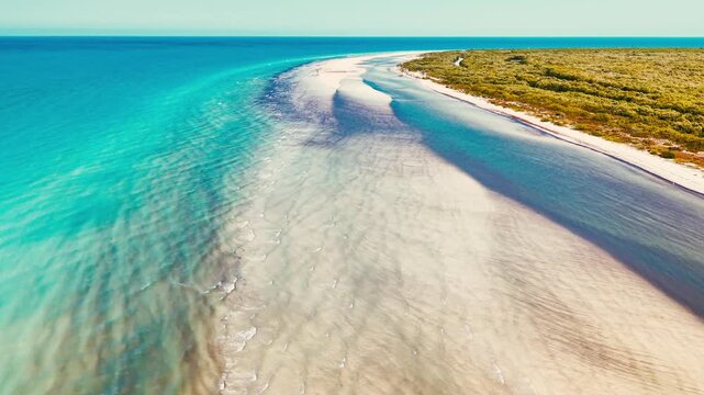 Aerial drone view of sandbar and turquoise coastline in Holbox Island, Mexico &ndash; tropical Caribbean landscape