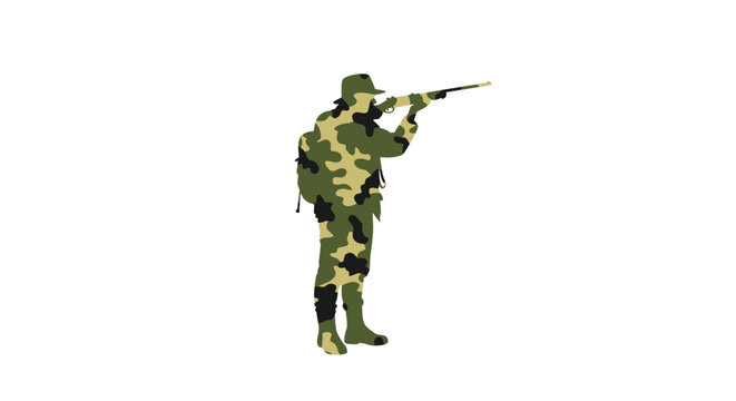 Silhouette of a soldier aiming a rifle in camouflage uniform