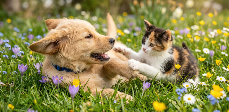 Playful puppy and kitten playing together in spring meadow of colorful wildflowers. Love for pets concept.