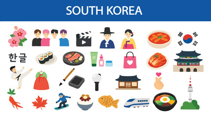 Fototapeta premium South Korea Culture Icon Set Flat 2D Illustration Isolated on White Background