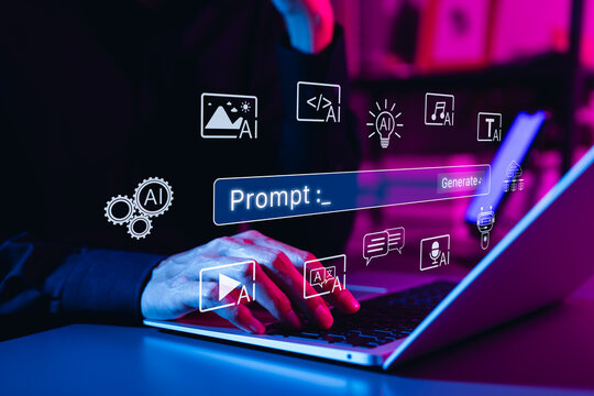 AI prompt and generative content creation concept. Person using laptop with prompt, generate, and multimodal AI icons, representing text, image, audio, design, code, smart content workflow, AI Agents
