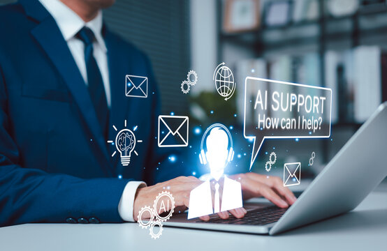 AI Support and Smart Customer Service Assistance Concept. Professional using laptop with virtual support agent, message and automation icons. helpdesk service, instant response, digital customer care