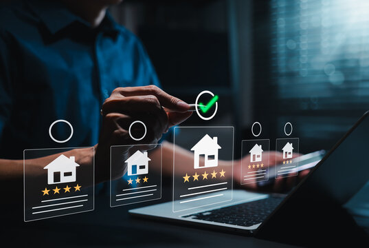 Property selection and real estate comparison decision concept. Person reviewing home listings with ratings, approval mark. property evaluation, buyer choice, listing comparison, online housing search