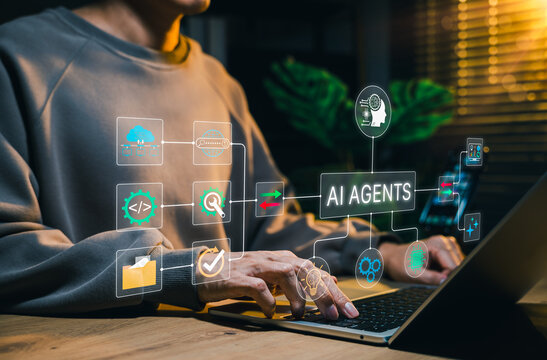 AI agents and intelligent workflow automation concept. Person using laptop with connected AI agent, code, cloud, search, folder, task icons. autonomous systems, smart orchestration, process automation