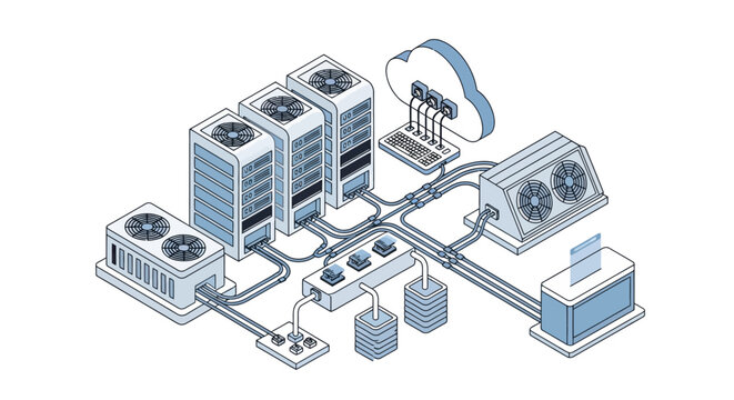 Isometric Data Center Illustration featuring Server Racks, Cloud Computing Infrastructure, Network Connectivity, and Cooling Systems for IT Hosting and Digital Storage