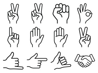 Obraz premium Diverse hand gestures and symbols icons with ok sign thumbs up shaka sign number one illustration peace