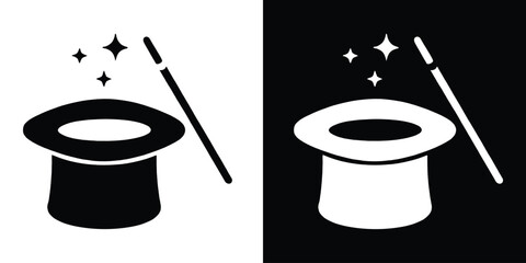 Magic wand and hat icon vector, Magic hat with Stars black silhouette vector © Silhouette Zone