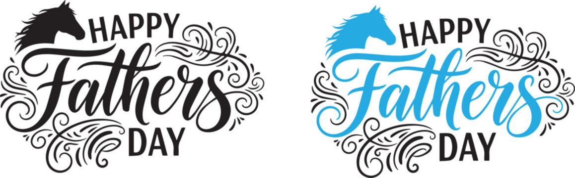 Happy father's day typography with horse illustrations black and blue designs