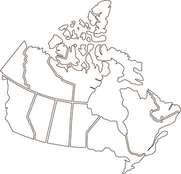 Black and white outline map of canada with defined provinces and