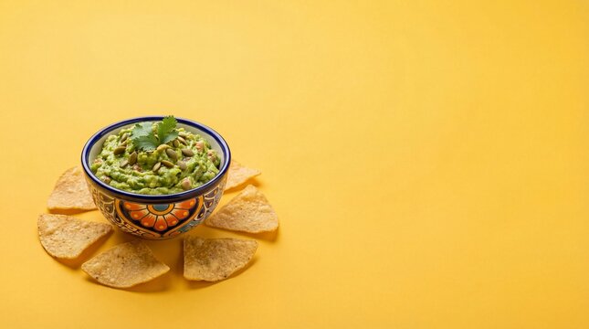 Bowl of fresh guacamole with tortilla chips on a vibrant yellow background