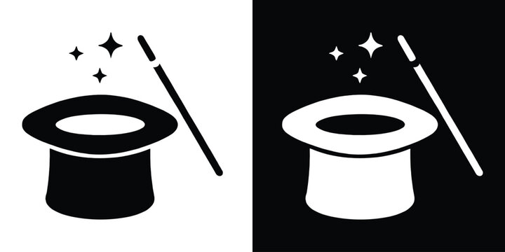Magic wand and hat icon vector, Magic hat with Stars black silhouette vector
