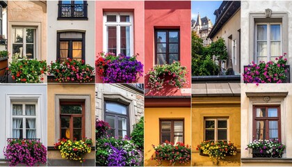 Fototapeta premium Collage of colorful windows with flower boxes, symbolizing architectural diversity and floral charm.
