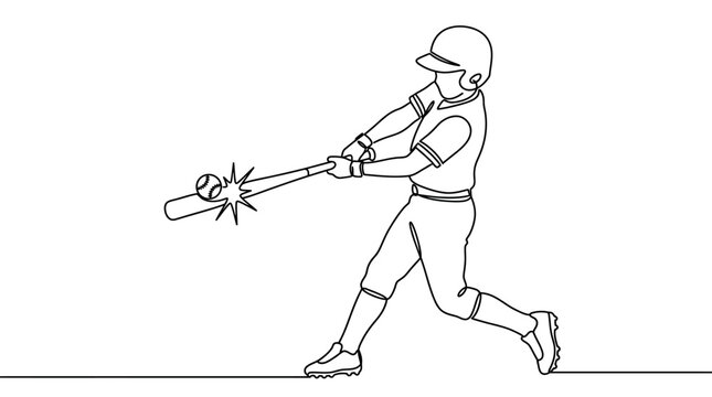Continuous line drawing of a baseball player hitting a ball.