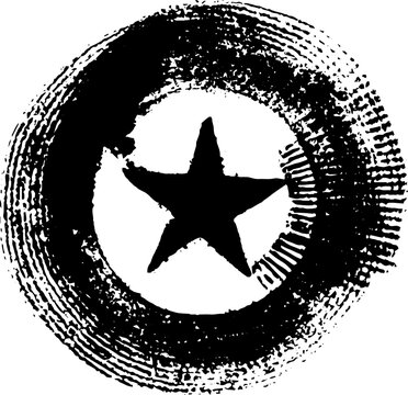 Star emblem inside textured ink circle in high contrast black and white for vintage badge and poster design