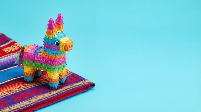 Colorful donkey pinata on a traditional Mexican blanket for celebration