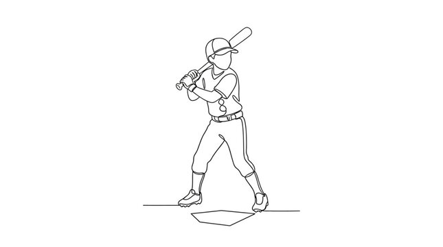 Continuous line drawing of a baseball player standing at home plate ready to bat.