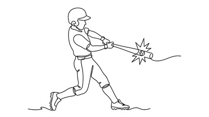 Fototapeta premium Continuous single line drawing of a baseball player hitting a ball.