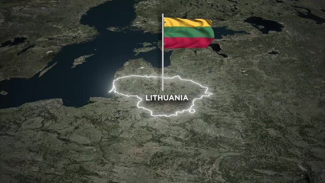Lithuania Map Animation with 3D Waving National Flag on Satellite View