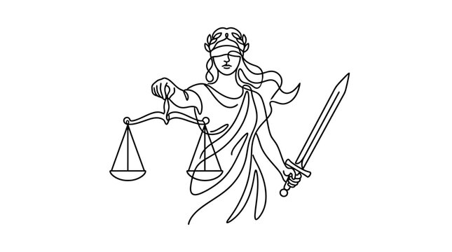 Continuous line drawing of Themis goddess of justice holding scales and sword.