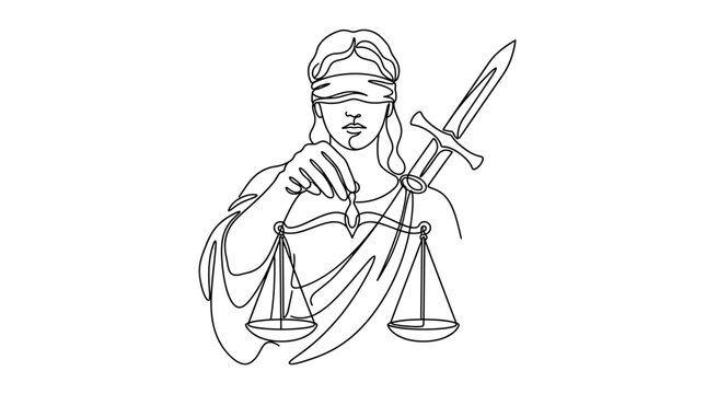 Continuous line art illustration of Lady Justice holding scales and sword.