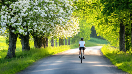 Obraz premium Peaceful spring cycling through blossoming countryside with lush green trees