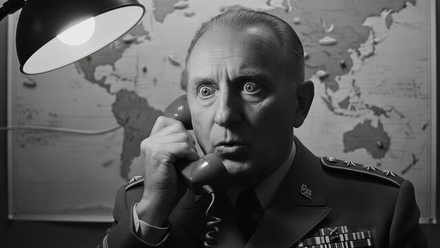 Man military officer receiving urgent information on telephone in office. Terrified general reacting to alien sighting report. Science fiction atmosphere and paranormal phenomenon concept.