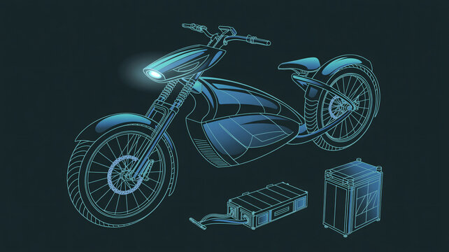 Electric motorcycle with battery pack and charger components on dark background