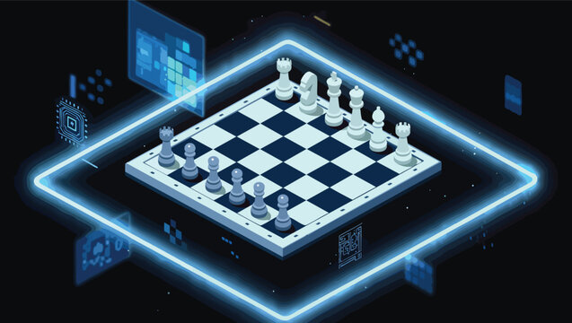 Isometric Chessboard with White and Gray Pieces Surrounded by Futuristic Blue Digital Interface Elements.