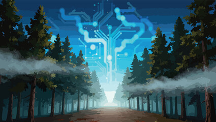 Naklejka premium Misty Forest Path Leading to a Digital Energy Portal Amidst Tall Pine Trees woods tall trees.