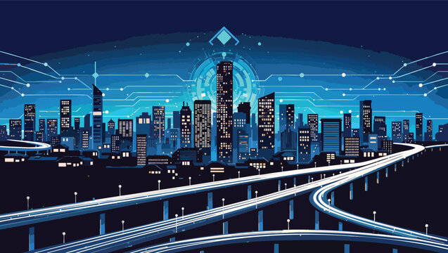 Modern city skyline with elevated highways and digital network overlay at night cityscape urban.