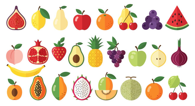 Flat design fruit icons set, colorful organic food collection with 25 vector elements, healthy nutrition symbols for grocery and menu design