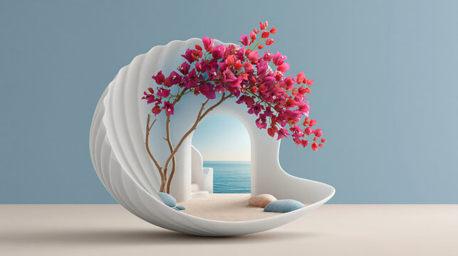 Surreal Mediterranean landscape in a white shell structure, vibrant pink bougainvillea tree with sea view, minimalist Greek island fantasy illustration on blue background.