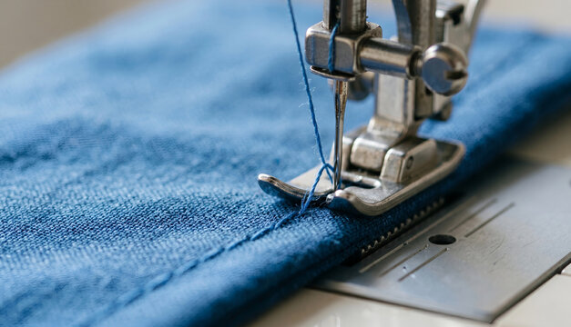 Sewing machine stitching blue fabric