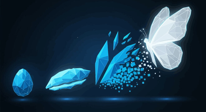 Futuristic low poly butterfly metamorphosis, digital transformation of glowing crystal egg to insect, blue geometric wireframe butterfly life cycle