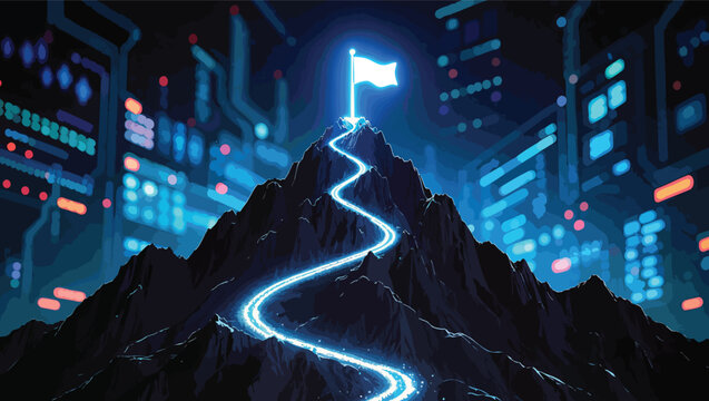 Winding Path to Flag on Mountain Peak in Digital Cityscape achievement ambition.
