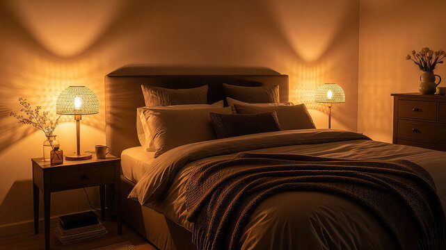 A cozy bedroom with a large bed and warm lighting at night