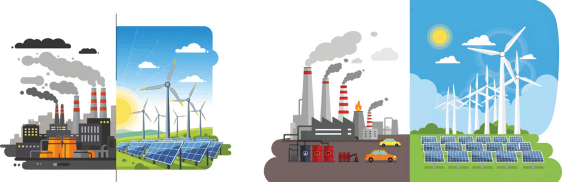 Renewable energy vs fossil fuels vector illustration, green solar panels and wind turbines, industrial factory air pollution and climate change concept