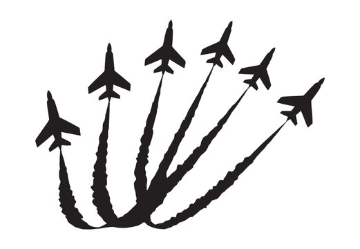 Fighter jets silhouette, dynamic formation smoke trails, aviation display, aircraft squadron shapes, white background, minimal vector illustration, isolated design