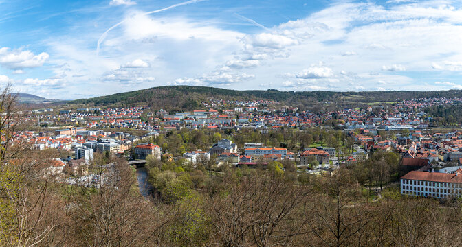 Beautiful view of the historic town of Meiningen in Thuringia, Germany. Known for its cultural heritage, the town features elegant architecture, the impressive Elisabethenburg Palace.