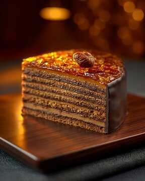 Slice of Dobos torte cake with caramel glaze and hazelnut