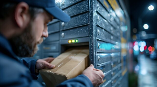 Courier loading a parcel into a smart locker on a rainy night