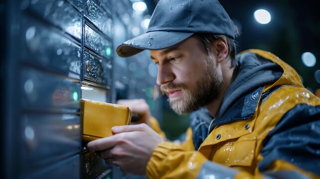 Street pickup locker with courier locking in a parcel during a rainy night shift