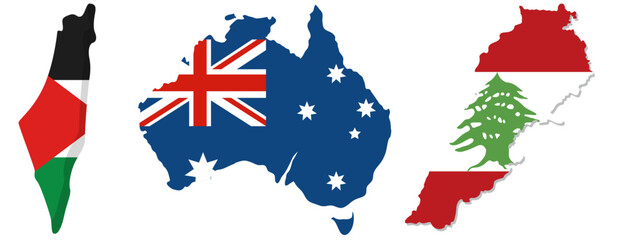 Set of country maps with national flag patterns, Palestine Australia and Lebanon geography silhouettes isolated on white. © AR ICON STORE