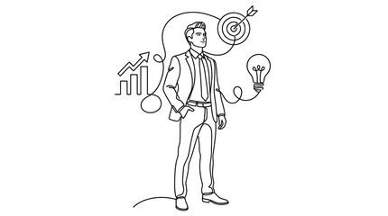 Obraz premium Businessman planning with target growth and innovation icons line art.