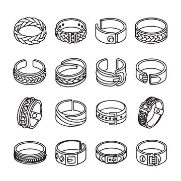 Collection of diverse outline rings with varied textures and clasp styles on a white background