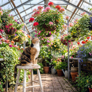 A calico cat sits elegantly on a white wooden stool in the greenhouse, gazing curiously at the hanging flower baskets