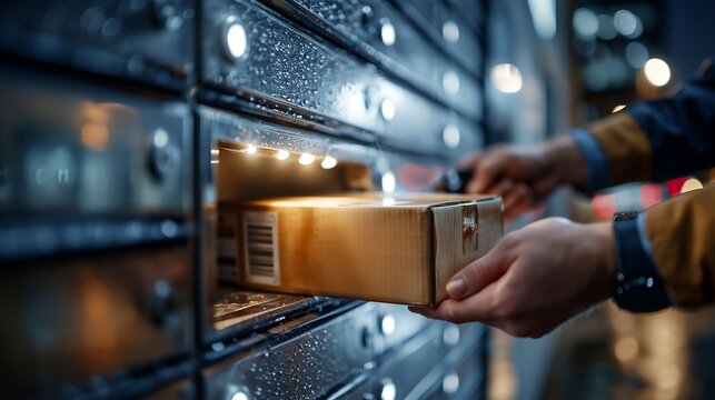 Courier loading a package into a smart locker during a rainy night shift