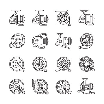 Collection of fishing reel icons in clean line art style on white background